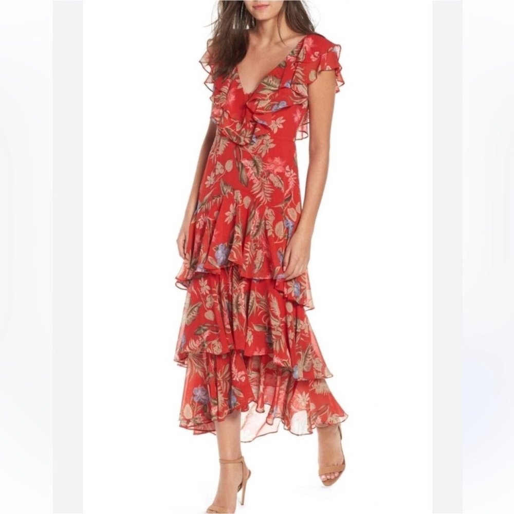Wayf Crimson Floral Ruffle Tiered Maxi Dress